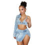 High Street Irregular Denim Stretch Slit Two Piece Mini Skirt Set