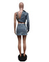 High Street Irregular Denim Stretch Slit Two Piece Mini Skirt Set