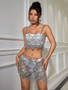 Women's Nightclub Style Sexy Diamond Sequin Checkered Two Piece Skirt Set