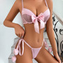 Fashionable And Cute Bow Lace-Up Fur Ball Sexy See-Through Mesh Sexy Two-Piece Lingerie Set