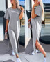 Solid Color Short-Sleeved Slit Casual Long Dress