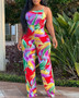 Summer Fashion Strap Print Slim Waist Jumpsuit