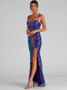 Sexy Sequined Strap Evening Gown Elegant Slit Formal Party Dress