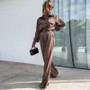 Women Long Sleeve Fake Pocket Shirt Chic Loose Pants Two Piece Set