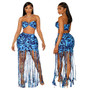 Women Summer Printed Strapless Top and Tassel Mini Skirt Two-piece Set