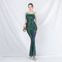 Women beaded ostrich feather phantom sequin Maxi evening dress