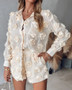 Women's Solid Color Flower Long Sleeve Shirt Shorts Two Piece Set