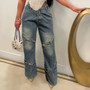 Ripped Two-Button Wide-Leg Straight Denim Pants