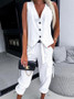 Women's Chic Elegant Solid Color Striped Button Vest Pocket Pants Two Piece Set