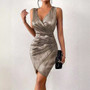 Sexy Fashionable V-Neck Casual Color Block Button Solid Color Metallic Pleated Tight Fitting Dress