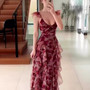 Summer Fashion Printed U-Neck Flying Sleeves High Waist Ruffled Long Dress