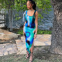 Women Printed Sleeveless Vest Top and Slit Skirt Two-piece Set