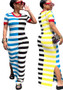 Women Round Neck Short Sleeve Slit Patchwork Striped Dress