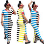 Women Round Neck Short Sleeve Slit Patchwork Striped Dress