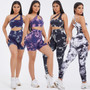 Women Seamless One Shoulder Tie Dye Sports Top Pants Shorts Yoga Clothing