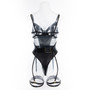 Women Sexy Bodysuit with Metal Fitted Belt and Leg Wraps Sexy Lingerie Three-Piece