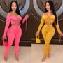 Sexy Women's Fashion Ruched Off Shoulder Solid Sexy Casual Two Piece Pants Set