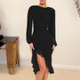 Women Long Sleeve Mesh See-Through Clipped Ruffle Dress