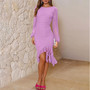 Women Long Sleeve Mesh See-Through Clipped Ruffle Dress