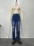 Women Ripped Diagonal Zip Denim Pants