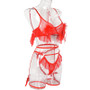 Women Plush Pom Pleated Sheer Mesh Sexy Lingerie Set