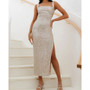 Women Square Neck Pleated Split Sequined Backless Evening Gown