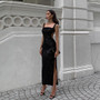 Women Square Neck Pleated Split Sequined Backless Evening Gown