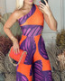 Women's Orange Leaf Print One Shoulder Jumpsuit