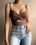 Women's Vest Top Knot Elastic Lace V-Neck Low Back Strap Summer Camisole