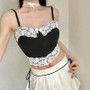 Black White Contrast Color Lace Camisole Bow Patchwork Slim Fit Tank Top