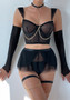 Sexy Lingerie See-Through Mesh Skirt With Halter Neck Chain Gloves Four Piece Set