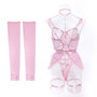 Sexy Lingerie See-Through Mesh Skirt With Halter Neck Chain Gloves Four Piece Set