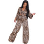 Women Long Sleeve Leopard Crop Top and Wide Leg Pants Two Piece