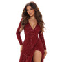 Fashion deep v long sleeve sequins high slit sexy evening dress