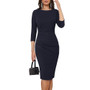 Women Fall Winter Elegant Pleated Round Neck Bodycon Dress