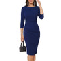 Women Fall Winter Elegant Pleated Round Neck Bodycon Dress