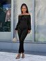 Women Fall/Winter Sexy Solid Color Off Shoulder Lace-Up Long Sleeve Jumpsuit