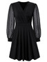 Women Elegant V-Neck Solid Jacquard Long Sleeve Dress