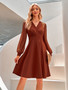 Women Elegant V-Neck Solid Jacquard Long Sleeve Dress