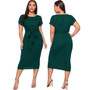 Women Round Neck Belted Short Sleeve Midi Dress