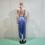 Women Clothing Style Positioning Print Sleeveless Backless Lace-Up Halter Low Profile Loose Jumpsuit