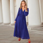 Fall/Winter Women'S Clothing Solid Color Long Sleeve Chic Wrap V-Neck Pleated Maxi Dress Long Dress