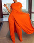 Plus Size Women Short Sleeve Top + Loose Pants Solid Color Casual Two-Piece Set