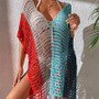 Women Color Contrast Loose V-Neck Fringe Hollow Out Bikini Beach Blouse