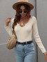 Women Wavy Neck Long Sleeve Solid Color Sweater