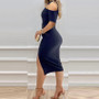 Women Clothes Slash Shoulder Metal Chain Strap Slit Office Dress With Belt