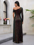 Women's Sexy Sequined Long Dress High Slit Slash Shoulder Chic Evening Gown