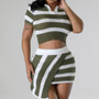 Women's Turndown Collar Short-Sleeved Striped Color-Blocking Knitting Top Slim Mini Skirt Two-Piece Set