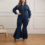 Plus Size Women's Zipper Turndown Collar Long Sleeve Bell Bottom Denim Jumpsuit