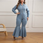 Plus Size Women's Zipper Turndown Collar Long Sleeve Bell Bottom Denim Jumpsuit